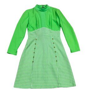 Vintage Green Houndstooth Long Sleeve Dress Gold Buttons Size 10 Women's
